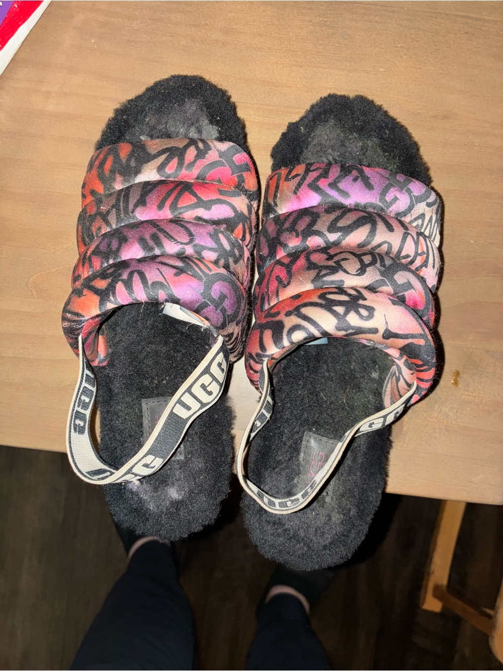 UGG Women's Black Fuzzy Slide Sandals with Pink and Orange Graffiti Straps